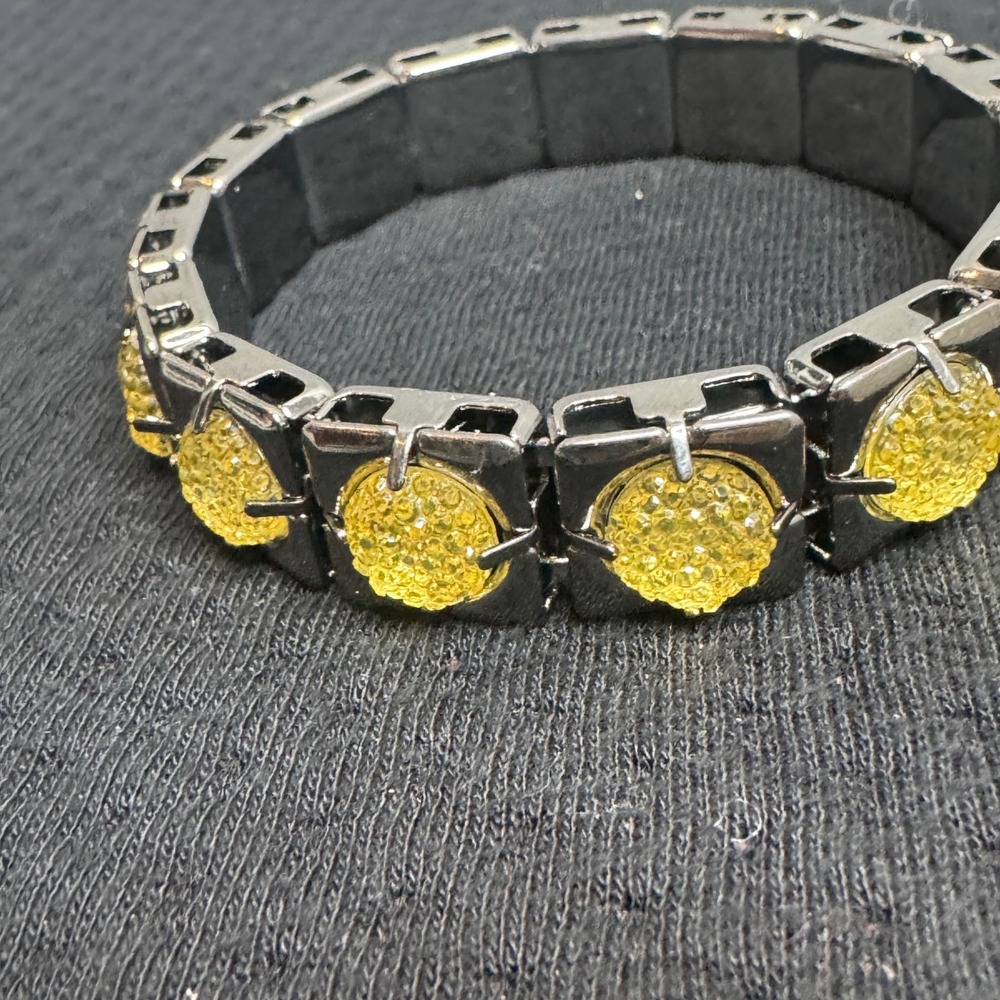 Sparkling Yellow Crystal Square Link Stretch Bracelet Silver Tone Glamour